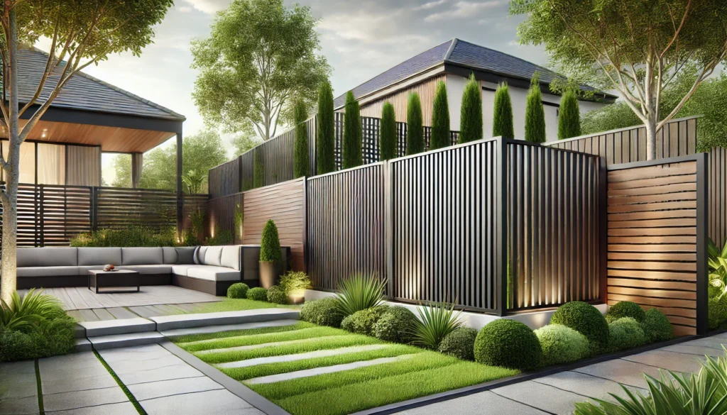 Tancament de jardí modern i estilitzat fabricat amb materials duradors com metall o fusta composite.